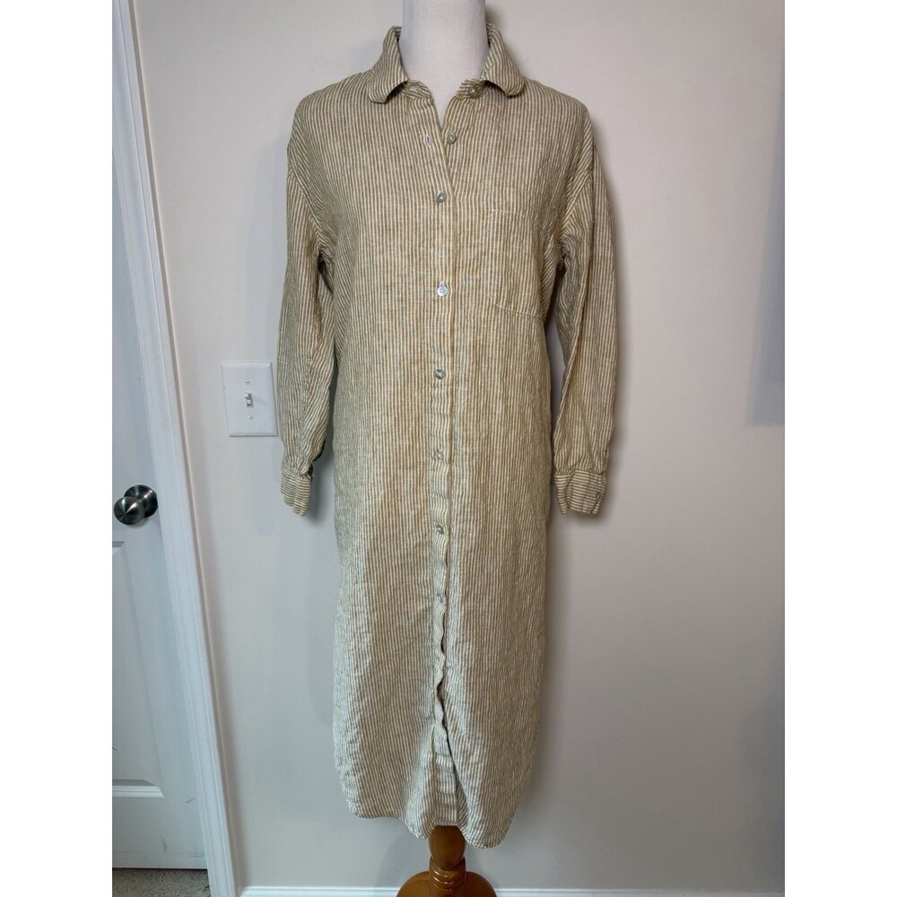 Faherty Laguna 100% Linen Midi Dress Golden Sun Stripe Size Medium Tan & White M - Picture 2 of 7